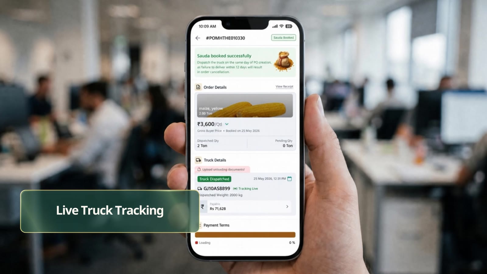 A phone showing an order with Sauda booked successfully, order details, and truck details marked Truck Dispatched and Tracking Live.